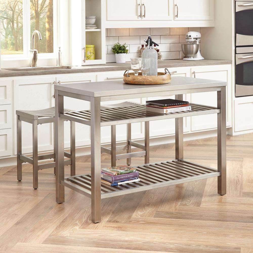 Home Styles Brushed Satin Stainless Steel Kitchen Island with Bar