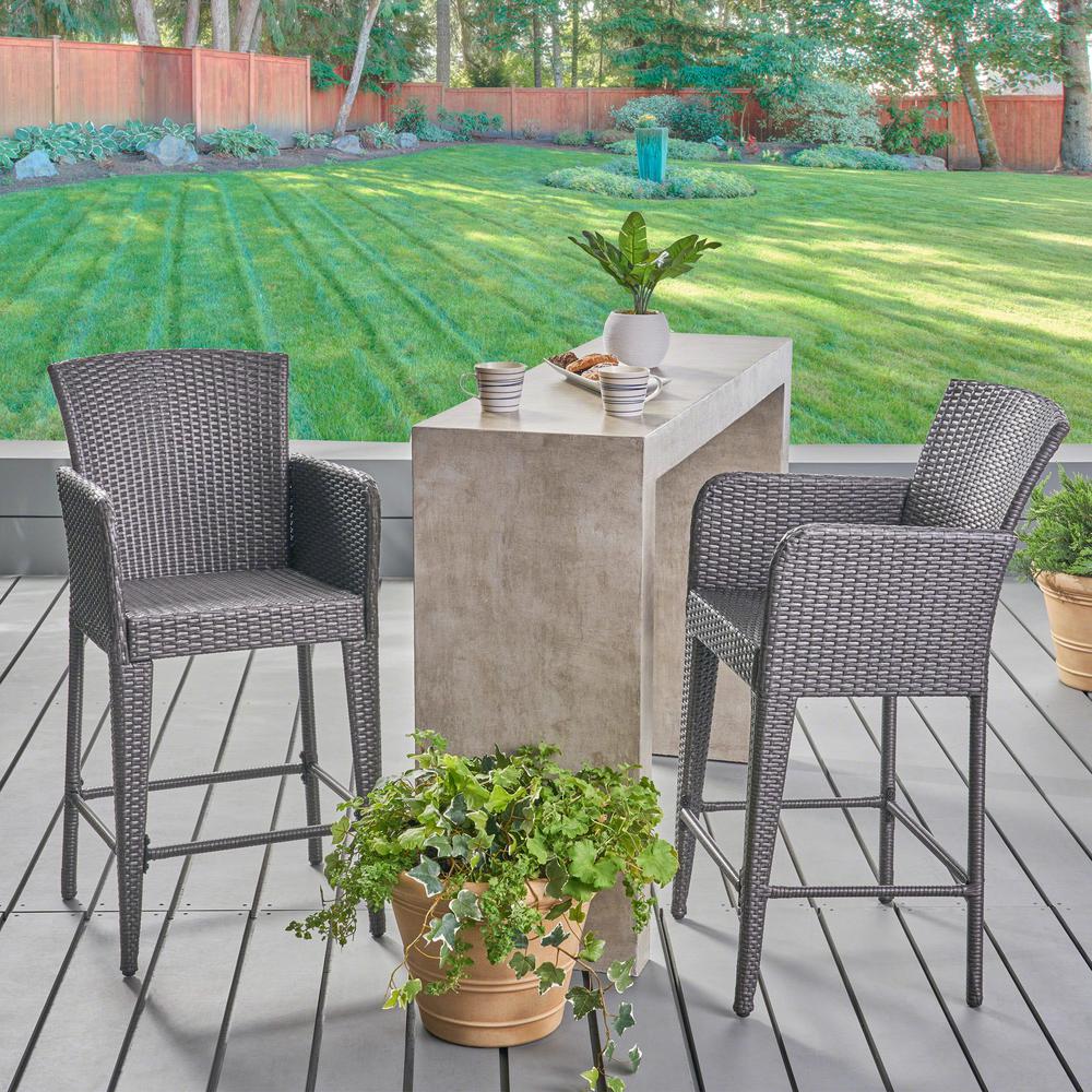 Noble House Anaya Gray Wicker Outdoor Bar Stools (2-Pack)-304478 - The