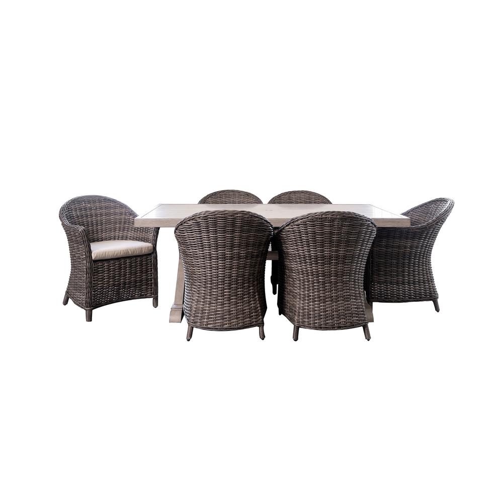 Patio Plus Cabana Charcoal Grey 7 Piece Wicker Rectangular Outdoor Patio Plus Cabana Charcoal Grey 7 Piece Wicker Rectangular Outdoor Dining Set With Sunbrella Beige Cushions