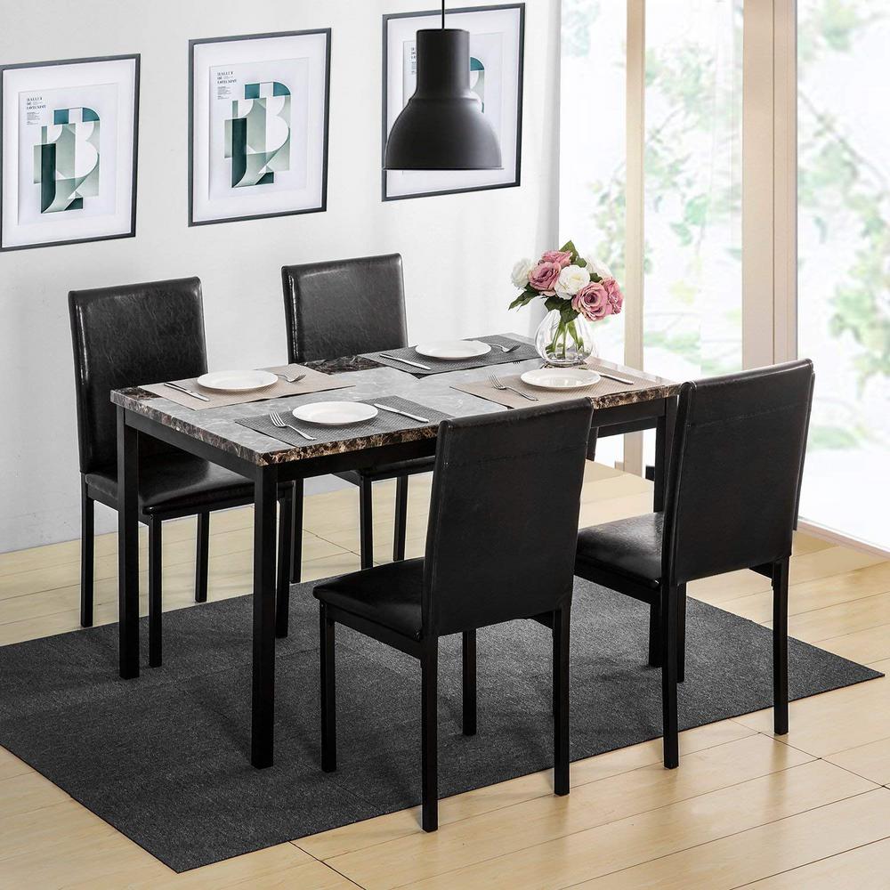 5-Piece Faux Mable and PU Leather Dining Set
