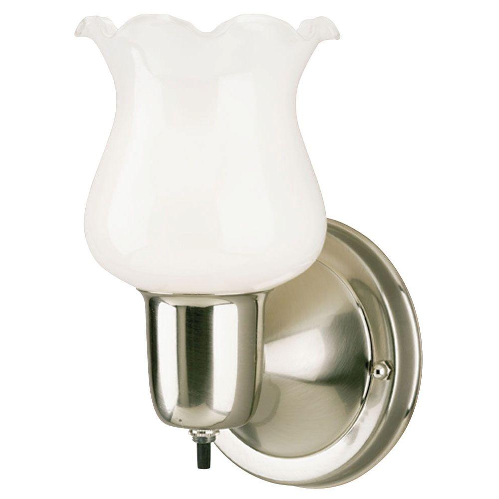 Westinghouse 1 Light Brushed Nickel Interior Wall Fixture With On Off Switch And White Opal Glass The Home Depot