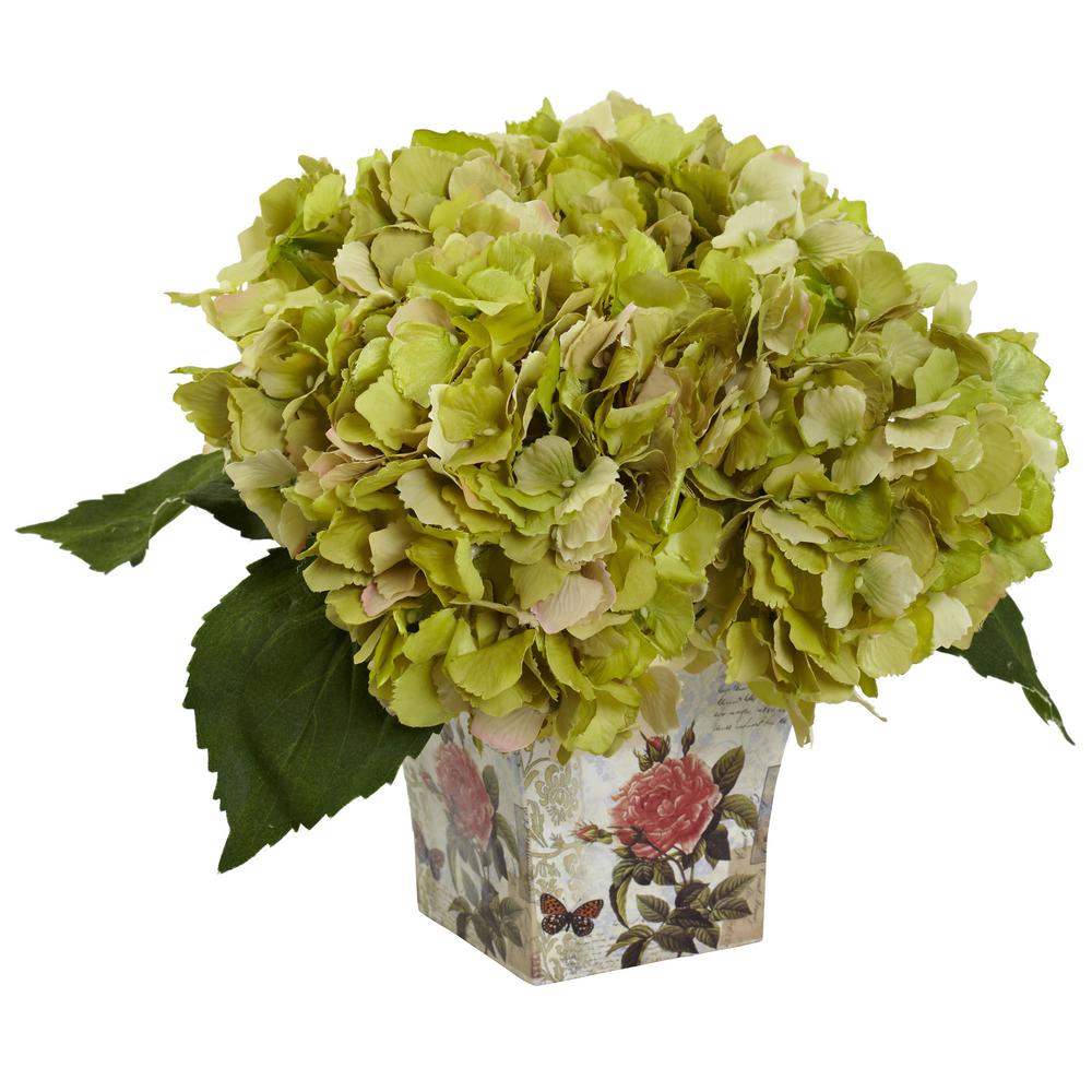 Nearly Natural Blooming Hydrangea with Vase 1356-GR - The Home Depot