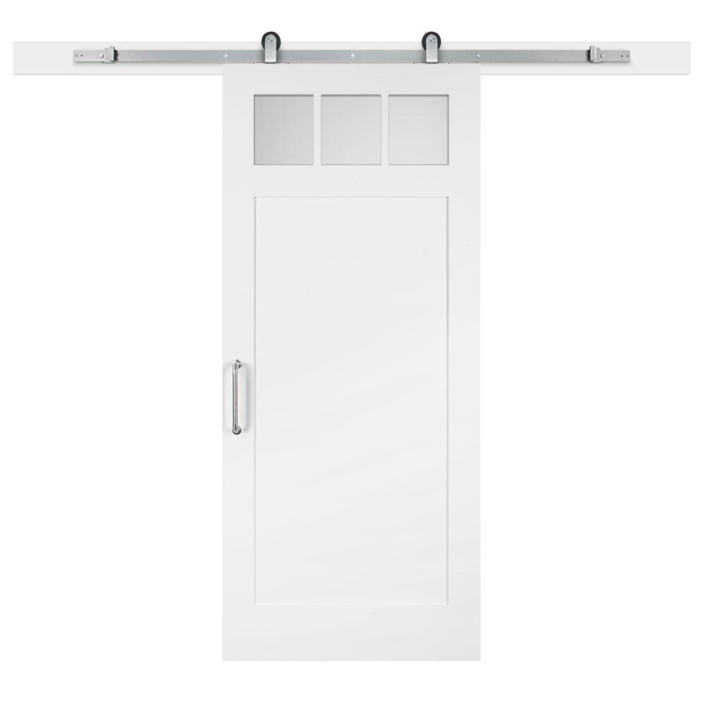 36 In X 84 In White Collar Craftsman 3 Lite Clear Solid Core Mdf Sliding Barn Interior Door With Hardware Kit