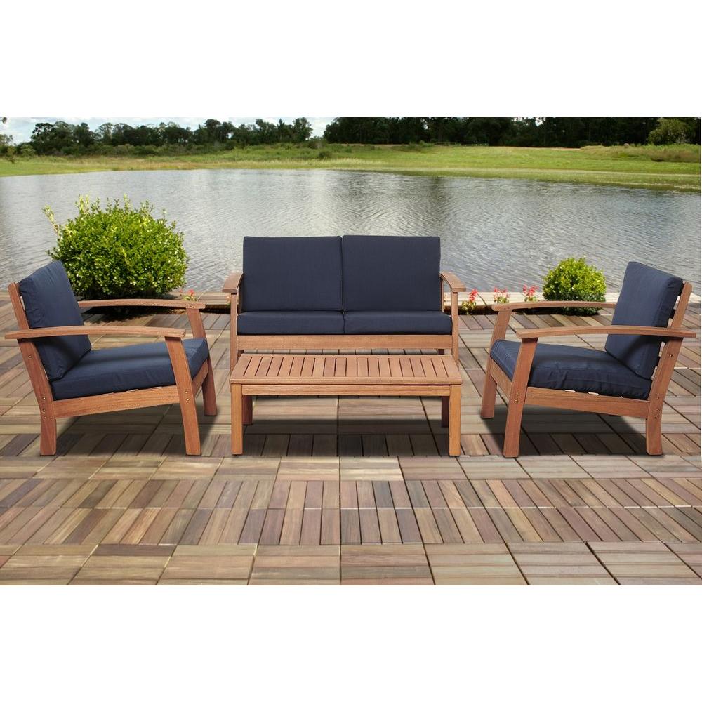 Amazonia Giles 4 Piece Eucalyptus Patio Deep Seating Set With Blue