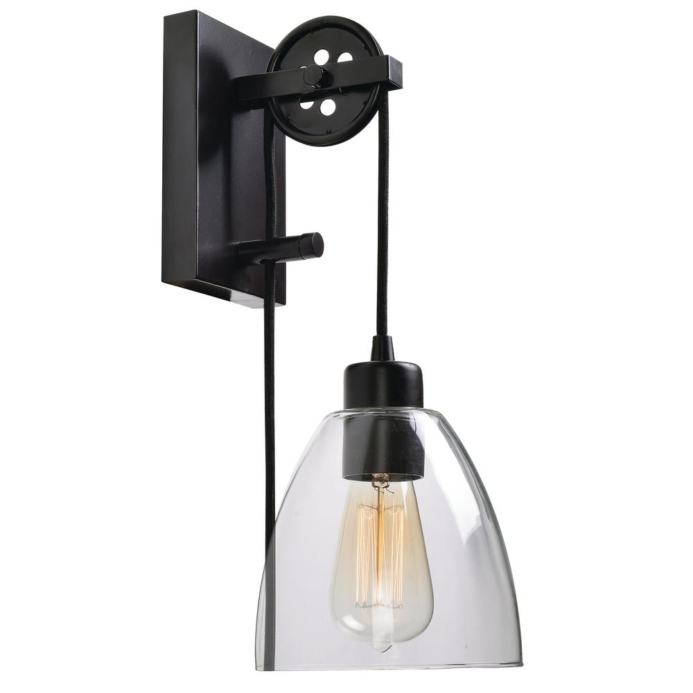 Home Decorators Collection Industrial Pulley 1-Light Clear Glass Plug-in Wall Sconce with Bulb