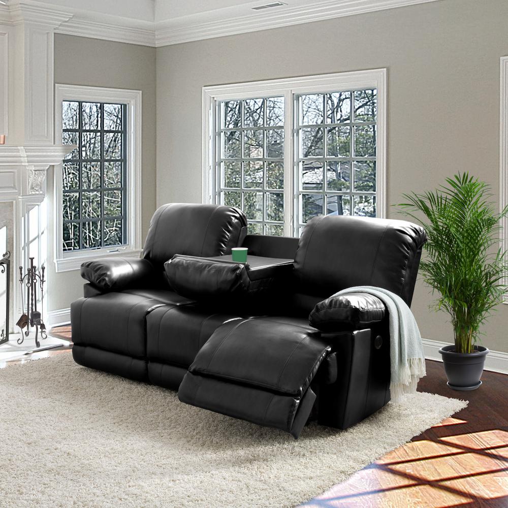 Corliving Plush Reclining Black Bonded Leather Sofa With Black Bonded Leather Sofa