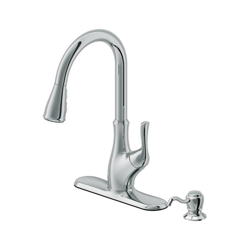 Cahaba Transitional Single Handle Pull Down Sprayer Kitchen Faucet With Soap Dispenser In Polished Chrome