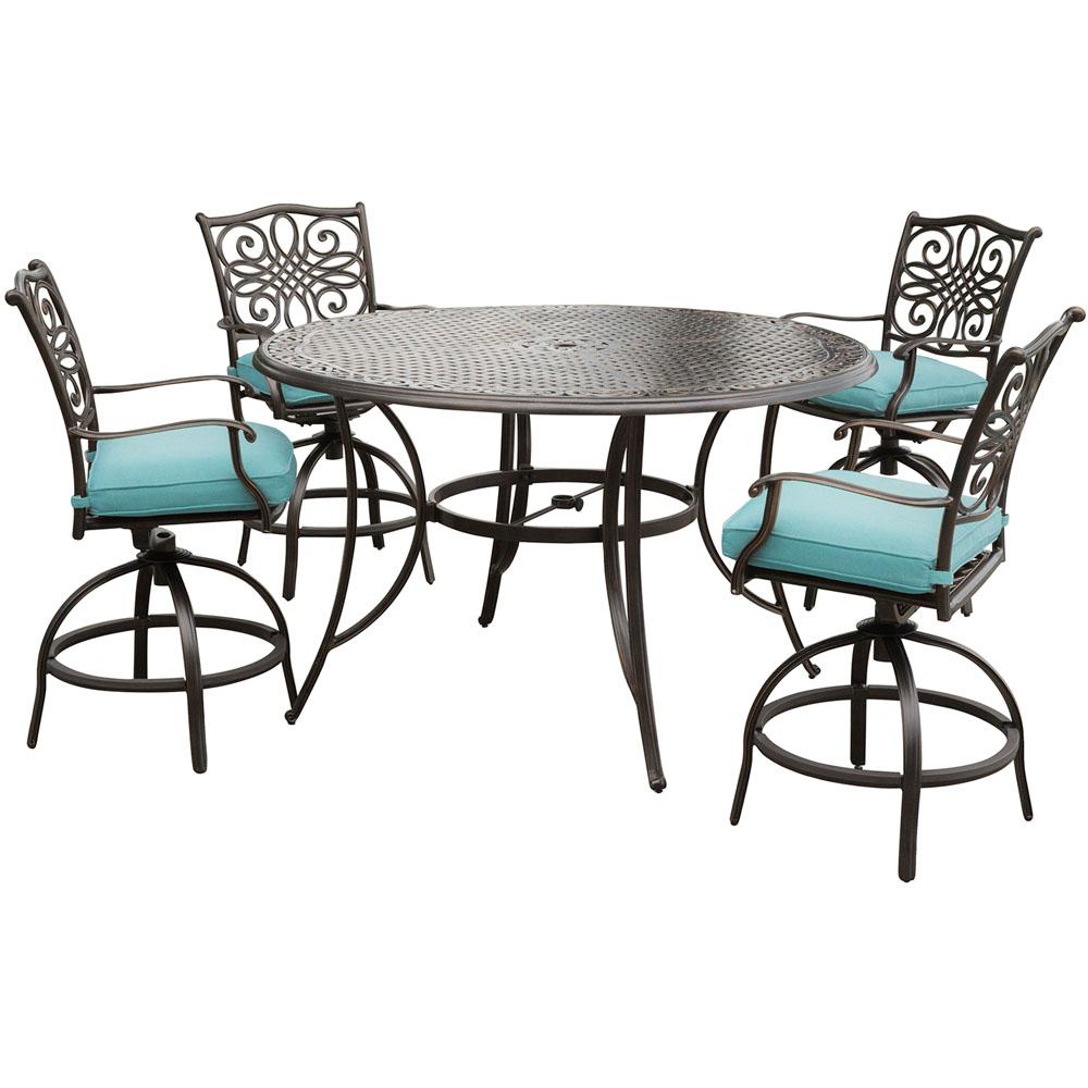 Hanover Traditions 5 Piece Aluminum Round Outdoor High Dining Set With Swivel Chairs Blue Cushions