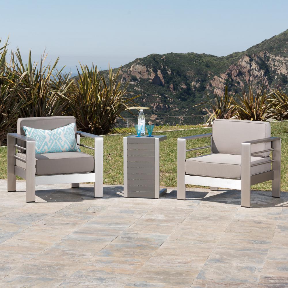 Noble House Cape Coral Sliver 3 Piece Aluminum Patio Conversation Set With Khaki Cushions 13463 The Home Depot