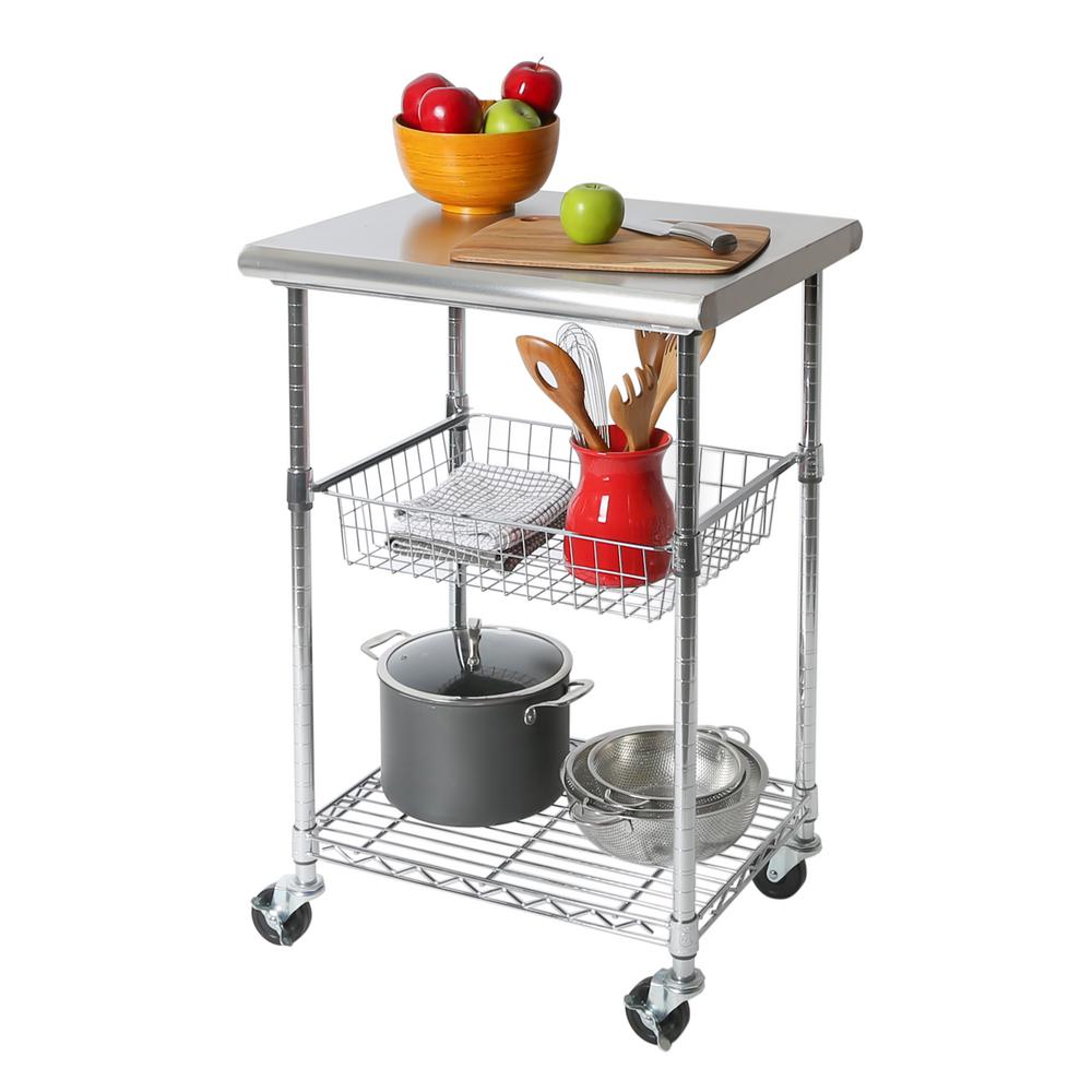 Seville Classics Stainless Steel Kitchen Cart with Basket-SHE18321B Seville Classics Stainless Steel Kitchen Cart