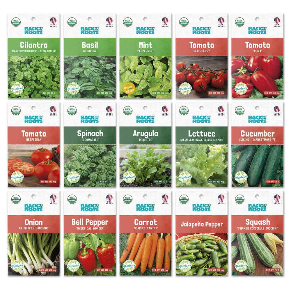 Back To The Roots Organic Garden Essentials Vegetable Seeds Variety 15 Pack 50063 The Home Depot