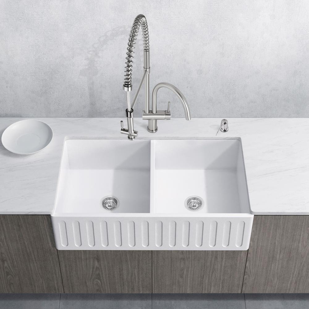 Vigo All In One Farmhouse A Front Matte Stone 36 0 Hole Double Bowl Kitchen Sink With Faucet White Kit Vigo All In One Farmhouse A Front Matte Stone 36 0 Hole Double Bowl Kitchen Sink With Faucet White Kit