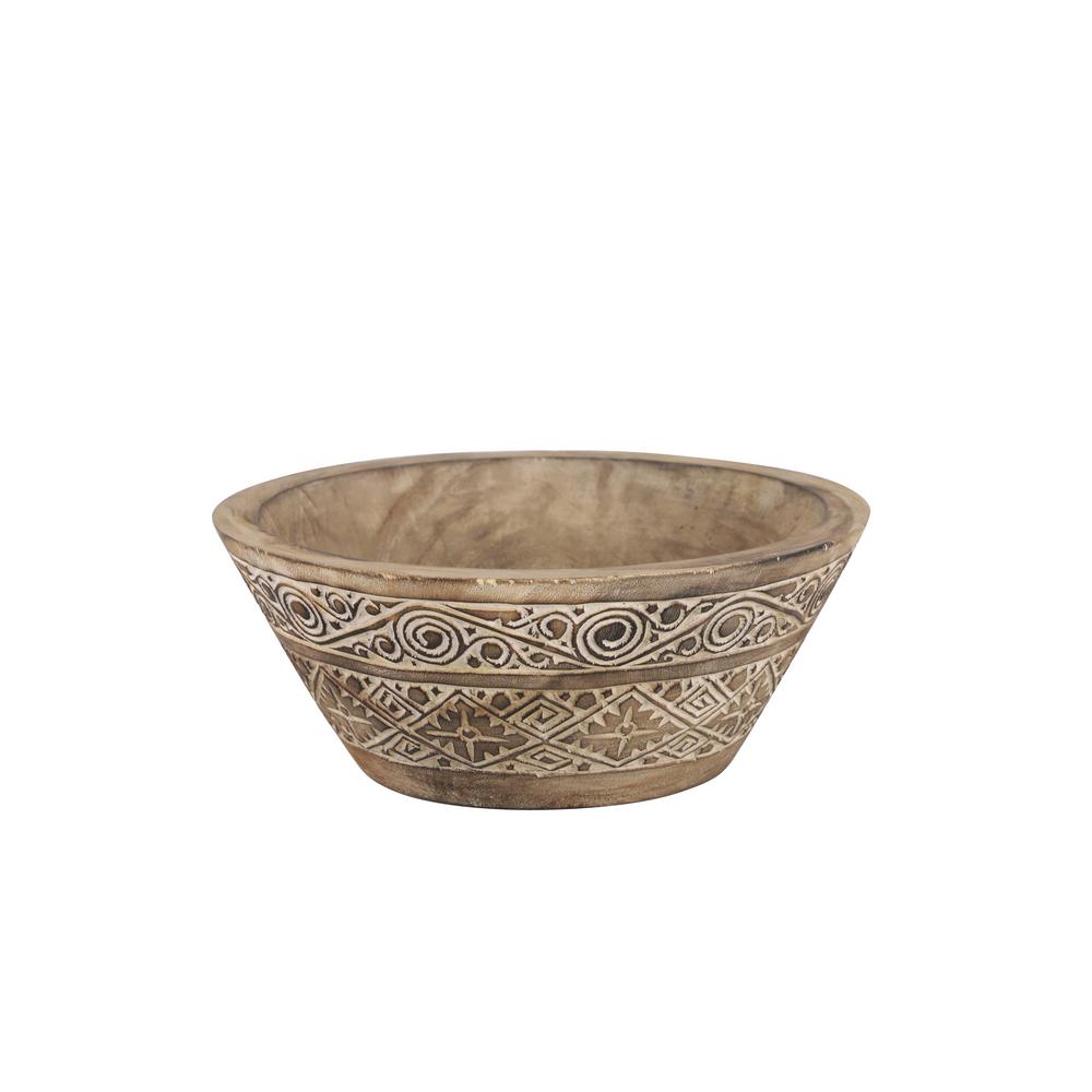 Litton Lane Large Round Decorative Hand Carved Brown And White Wood Bowl With Tribal Design 28427 The Home Depot