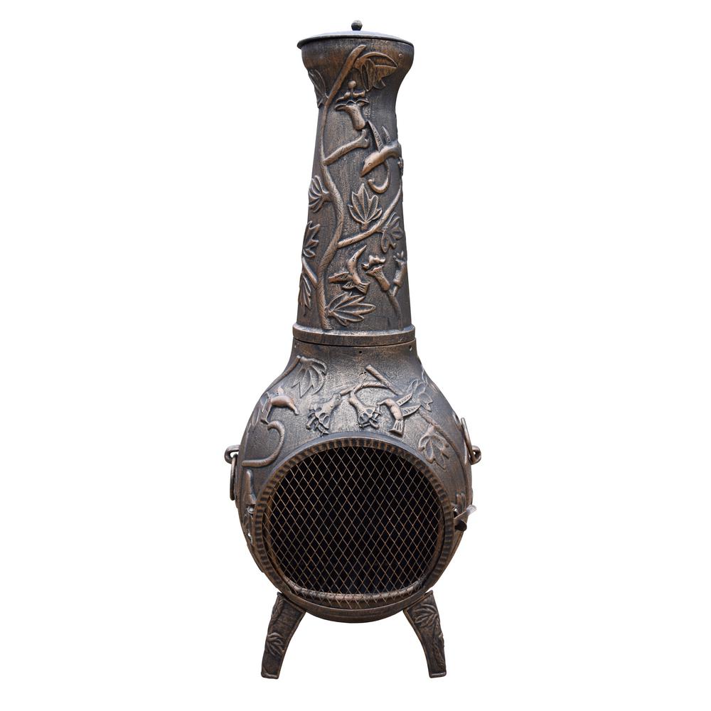 Hummingbird Cast Metal 53 inch Tall Chimenea with Built-in Handles, Log Grate,...