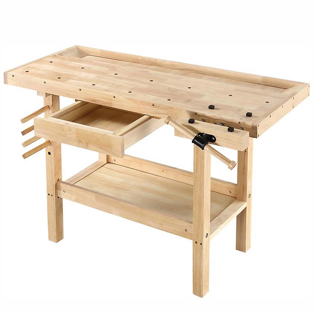 WOODEN WORK BENCH WITH TWO VICES