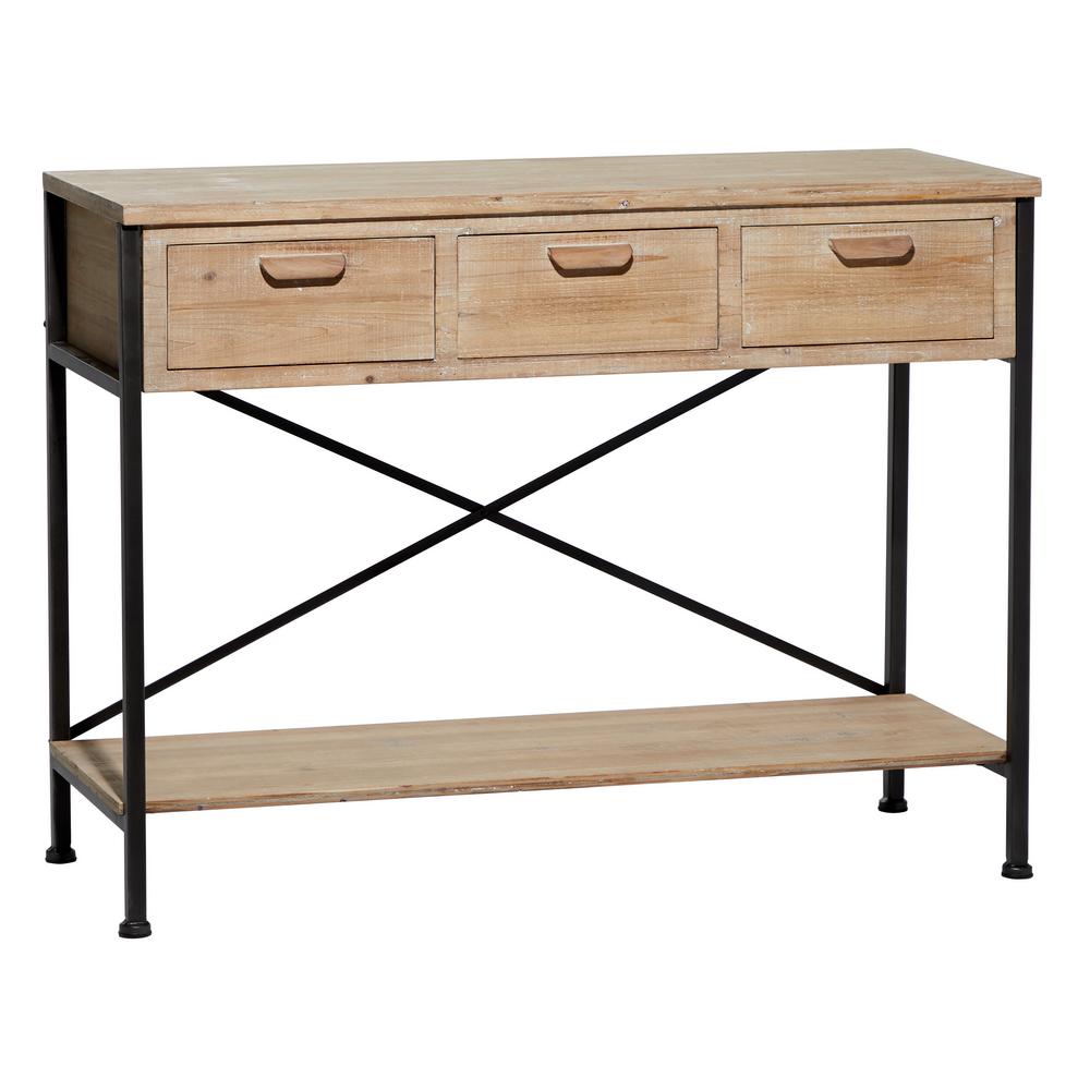 Natural Wood 3 Drawer Console Table, Wood And Iron Console Table With Drawers