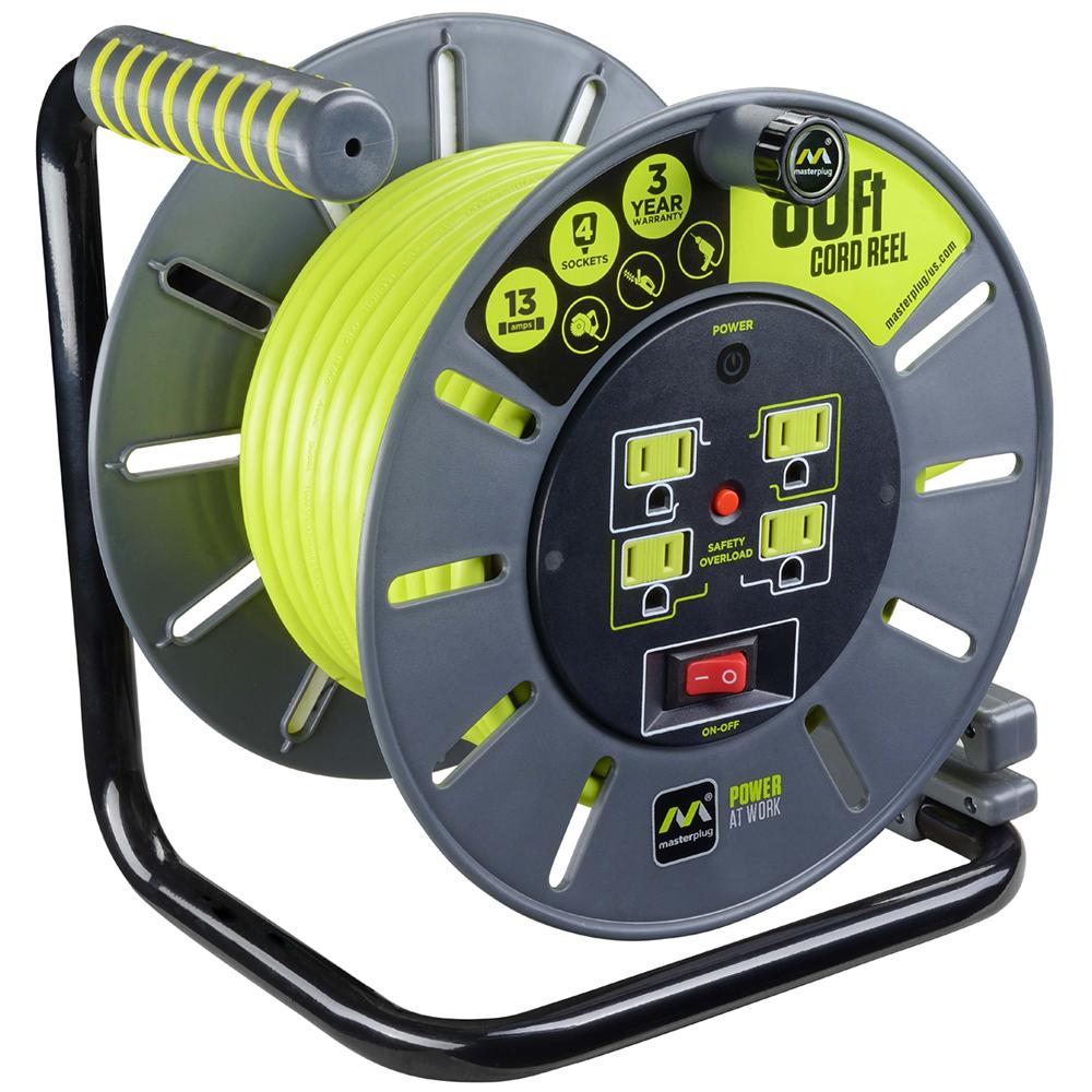 Masterplug 80 ft. 13 Amp 14 /3 Large Open Cable Reel with 4-Sockets ...