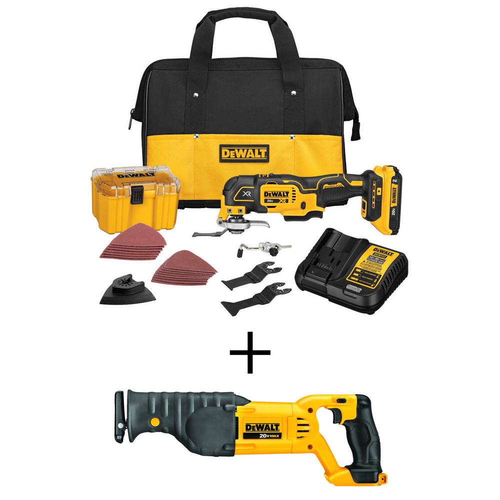 DEWALT 20V MAX XR Cordless Brushless 3-Speed Oscillating Multi Tool, 20V MAX Cordless Recip Saw, and (1) 20V 2.0Ah Battery