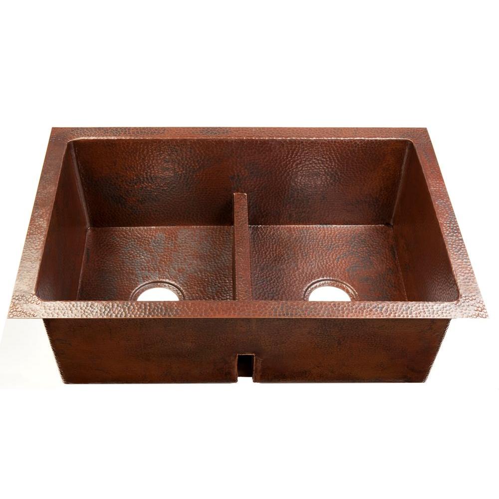 Sinkology Degas Low Divide Dual Mount Copper 42 In 0 Hole Double Bowl Kitchen Sink In Aged Copper Hddb42 The Home Depot