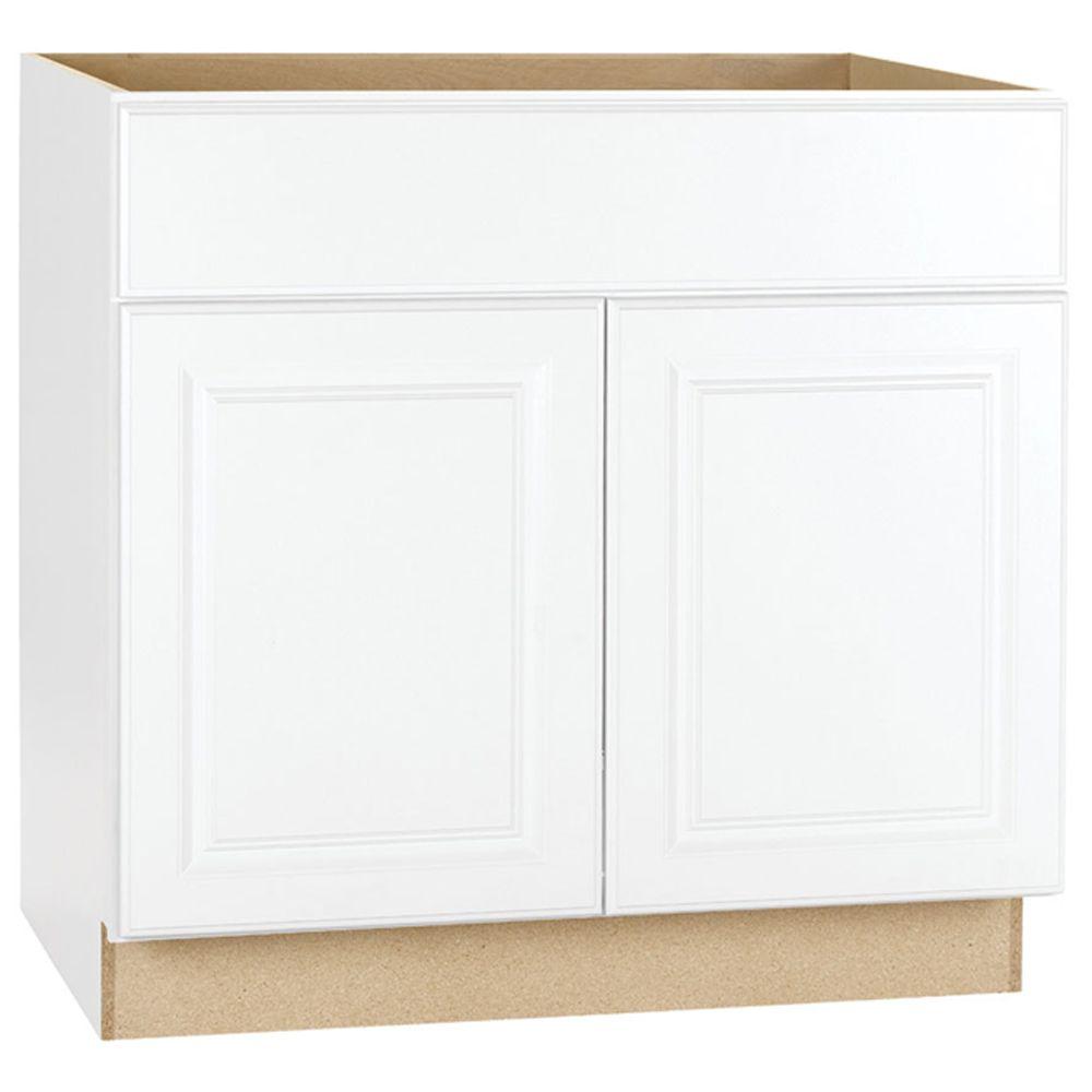 Hampton Bay Hampton Assembled 36x34.5x24 in. Sink Base Kitchen Cabinet in Satin WhiteKSB36SW 