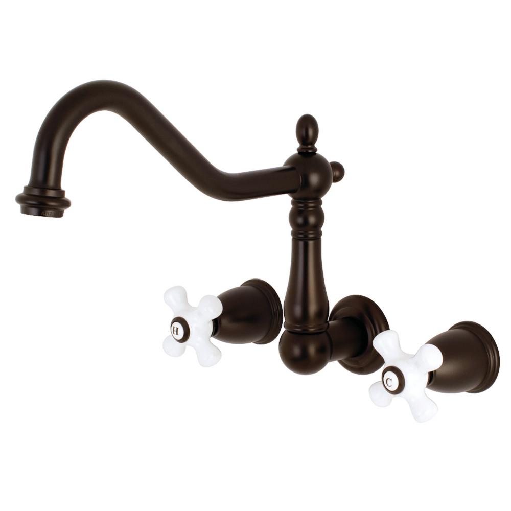 Kingston Brass Heritage 2 Handle Wall Mount Standard Kitchen Faucet In Oil Rubbed Bronze