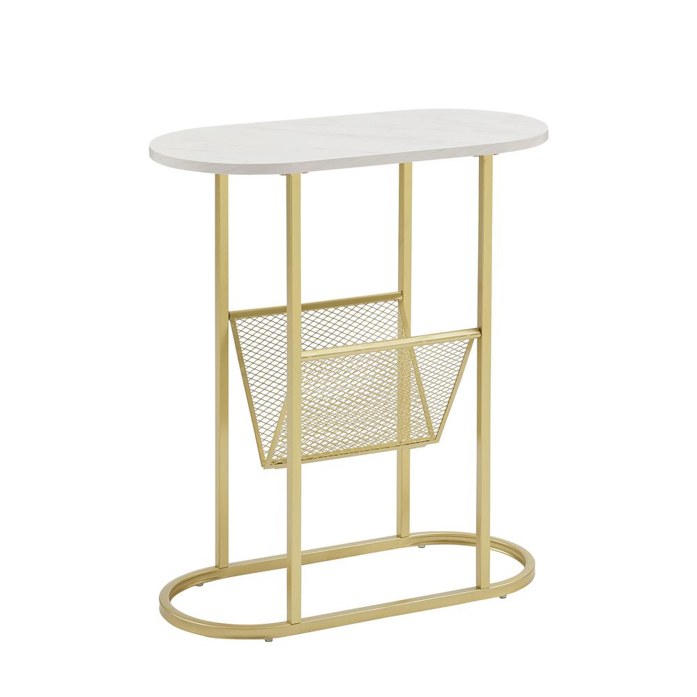 Welwick Designs 11 In Faux White Marble Gold Oblong Side Table With Magazine Rack Hd8531 The Home Depot