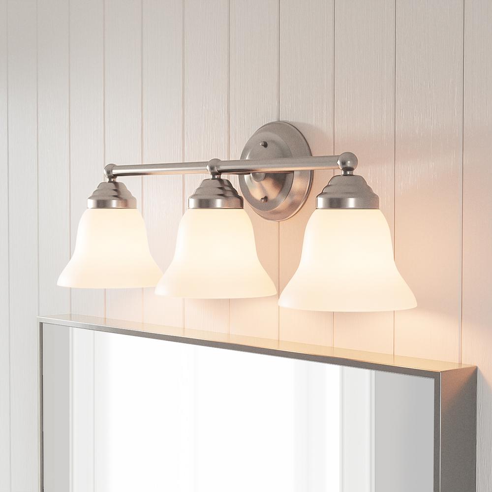 Hampton Bay Ashhurst 3 Light Brushed Nickel Vanity Light With Frosted Glass Shades Egm1393a 4 Bn The Home Depot