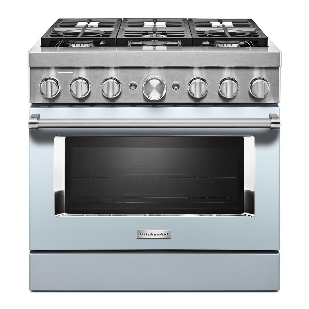 KitchenAid 36 in. 5.1 cu. ft. Dual Fuel Freestanding Smart Range with 6-Burners in Misty Blue For Sale