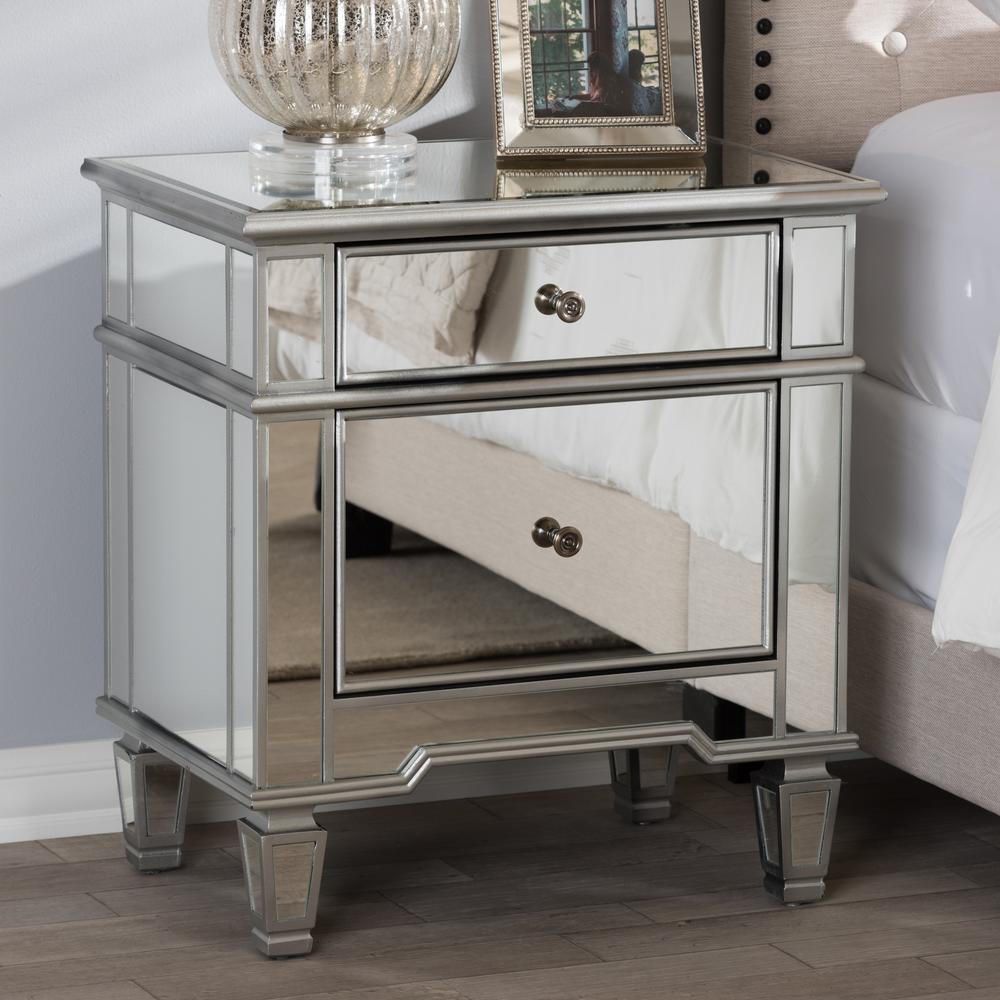 Wood Baxton Studio Silver Bedroom Furniture The Sussie 2 Drawer Silver Metallic Nightstand