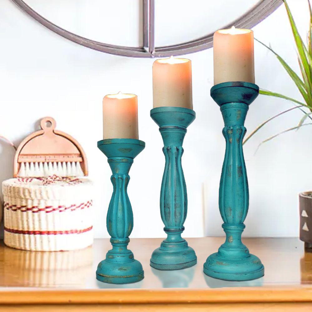 Benjara Turquoise Blue Handmade Wooden Candle Holder with Pillar Base