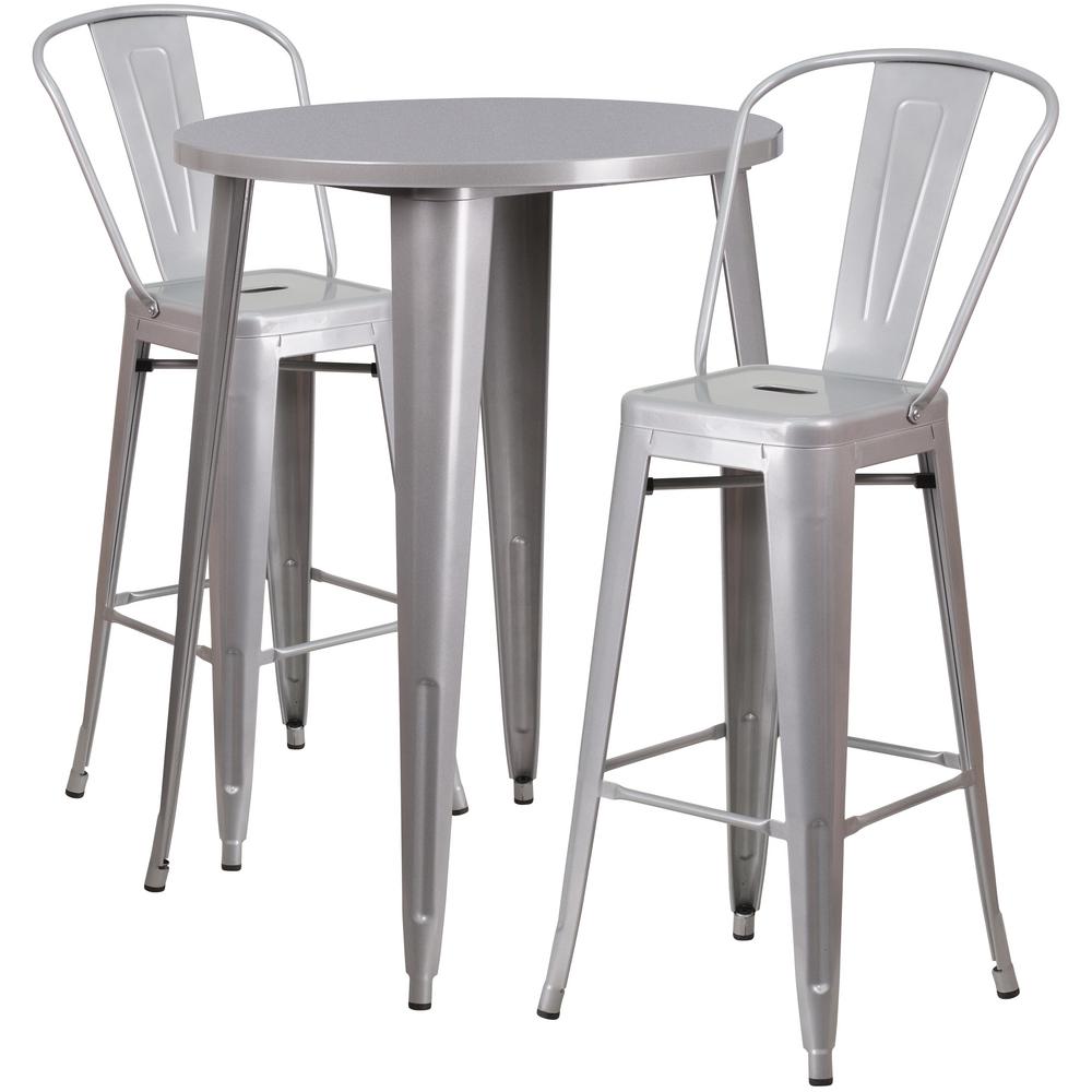 Flash Furniture Silver 3 Piece Metal Round Outdoor Bar Height Bistro Flash Furniture Silver 3 Piece Metal Round Outdoor Bar Height Bistro Set