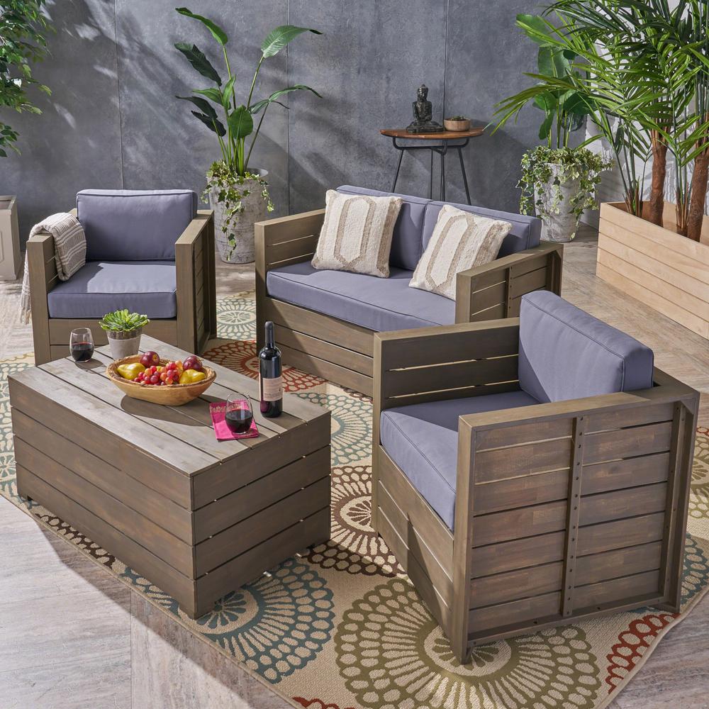 Noble House Oxnard Gray 4Piece Wood Patio Conversation Set with Dark