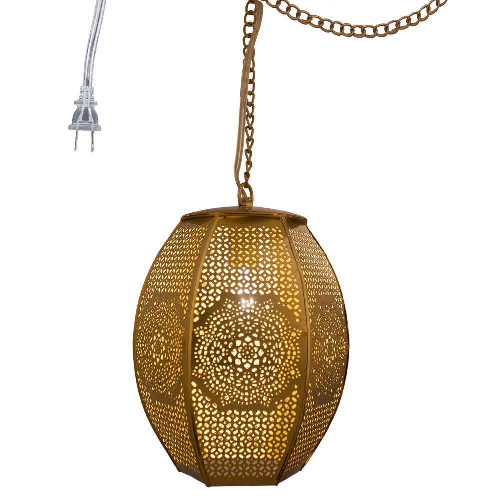 River Of Goods 1 Light Gold Pierced Metal Moroccan Sundial Plug In 1 Light Gold Pierced Metal Moroccan Sundial Plug In Pendant