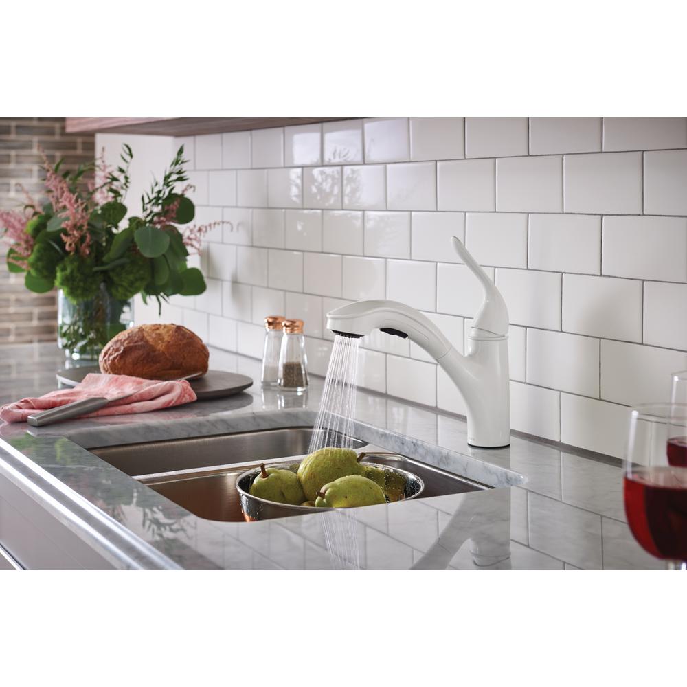 White MOEN Kitchen Faucets Kitchen The Home Depot   White Moen Pull Out Kitchen Faucets 87557w E4 400 