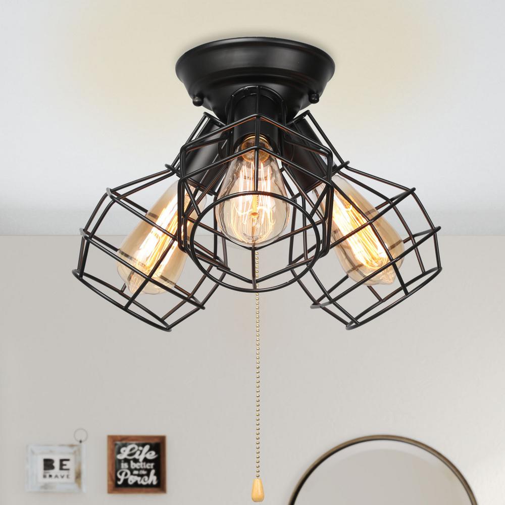 LNC Versatile Vintage Industrial 3Light Black Cage SemiFlush Mount