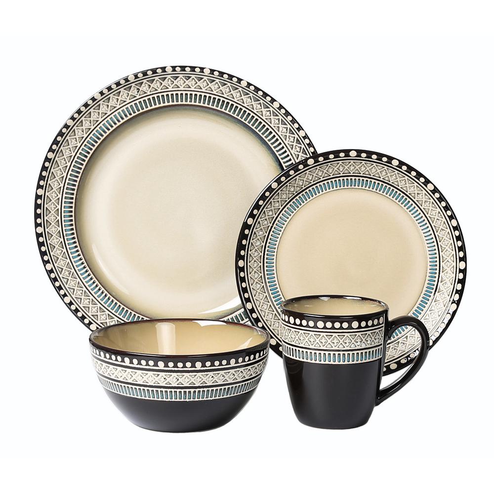 Lorren Home Trends 16Piece Casual Neutral and Blue Stoneware