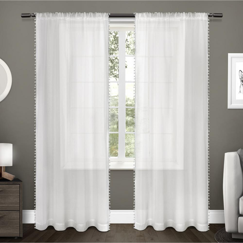 Pom Winter White Applique Bordered Textured Sheer Rod Pocket Top Pom Winter White Applique Bordered Textured Sheer Rod Pocket Top Window Curtain