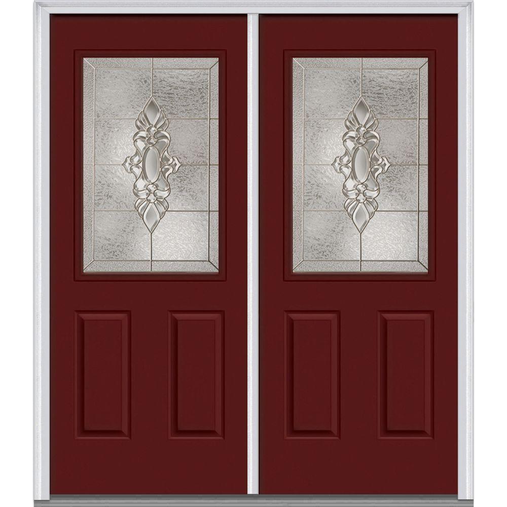 Mmi Door 72 In X 80 In Heirlooms Right Hand Inswing 1 2 Lite Decorative Glass 2 Panel Painted Steel Prehung Front Door