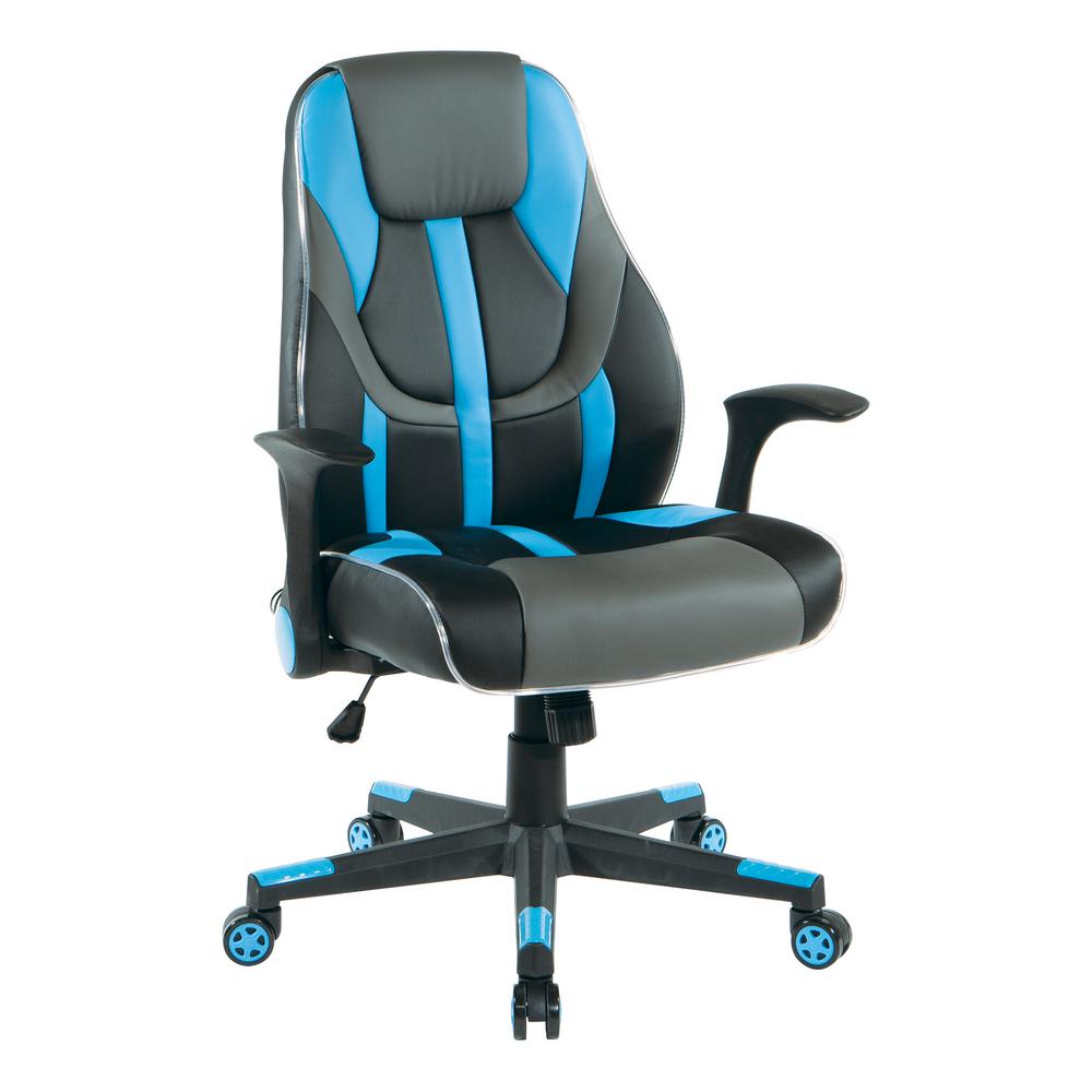 OSP Home Furnishings Output Gaming Chair in Black Faux Leather with Blue Trim and Accents