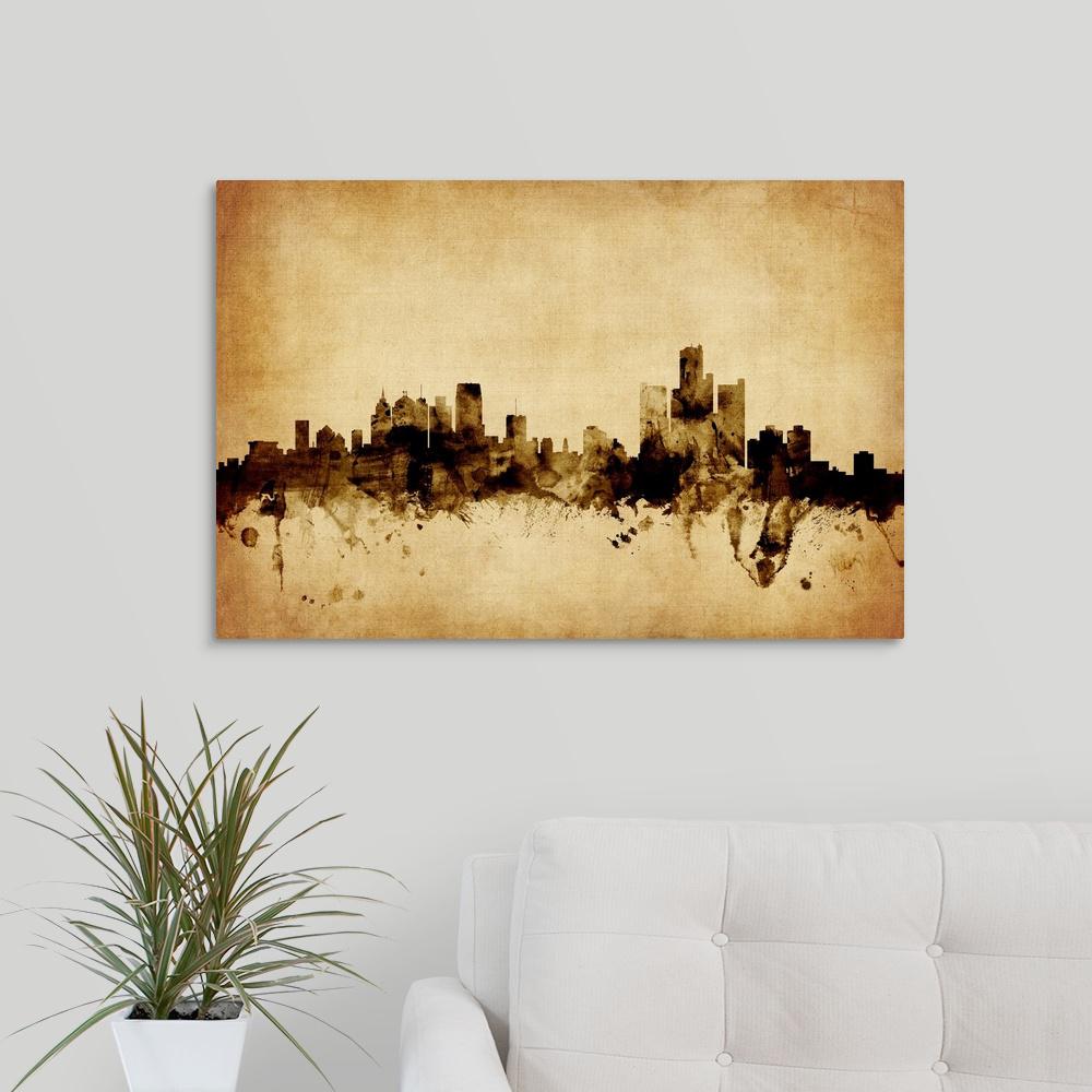30 In X 20 Detroit Michigan Skyline By Michael Tompsett Canvas Wall Art