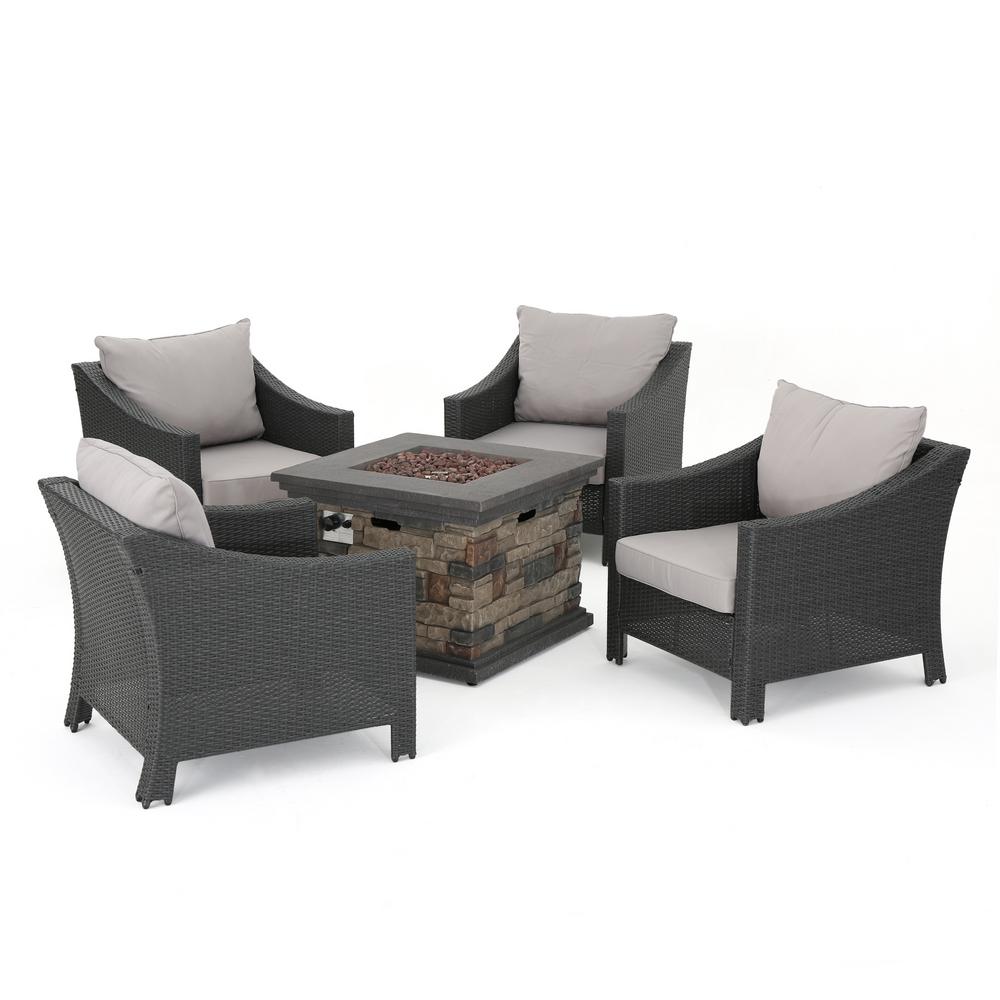 Noble House Natasha Stone 5 Piece Wicker Patio Fire Pit