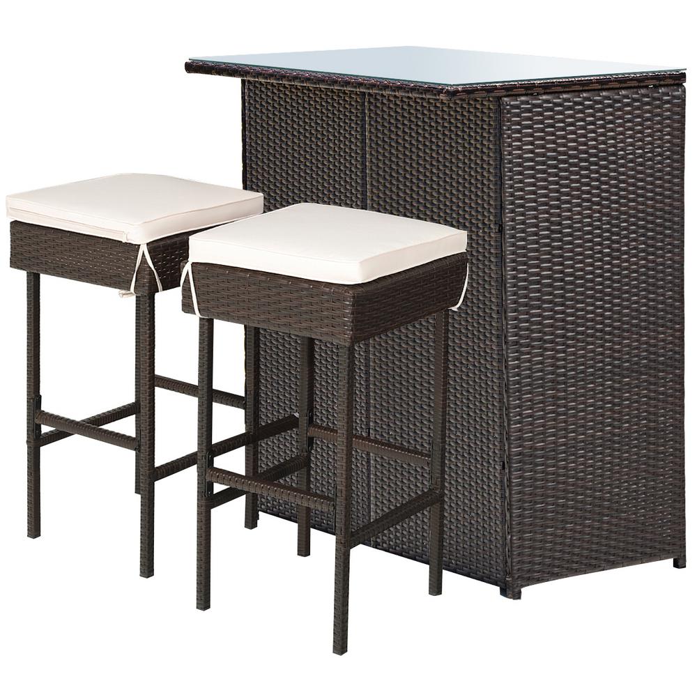 Costway Brown 3-Piece Rattan Wicker Outdoor Bistro Bar Set Patio Table ...