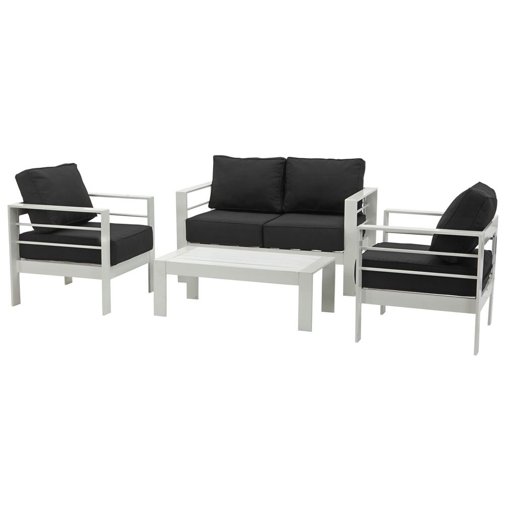 Safavieh Nason White 4 Piece Metal Patio Conversation Set With Black Cushions Pat2516b The Home Depot