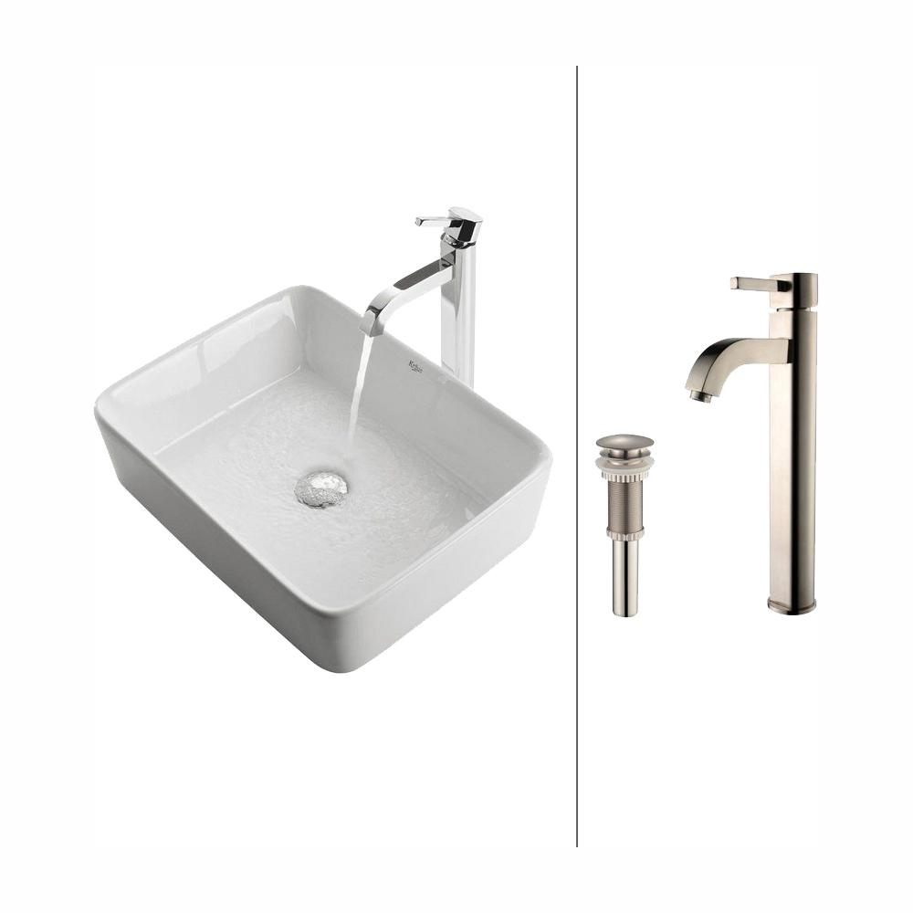 Kraus Rectangular Ceramic Vessel Sink In White With Ramus Faucet In Satin Nickel