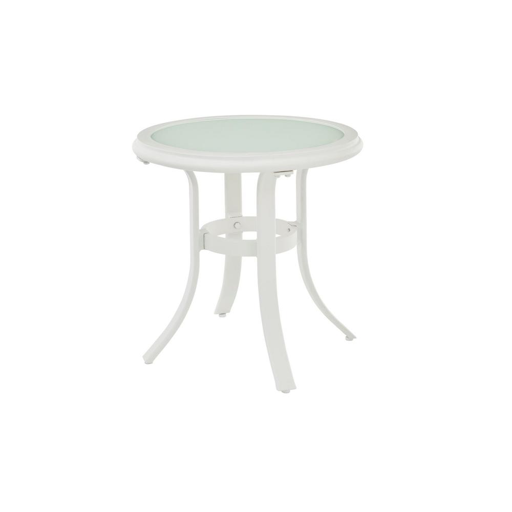 Hampton Bay Riverbrook Shell White Round Glass Top Aluminum Outdoor Patio Side Table Fm18107 Al St The Home Depot