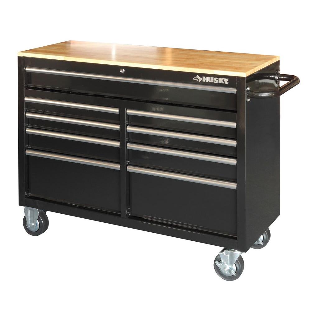 Husky 46 in. 9Drawer Mobile Workbench with Solid Wood Top, Black