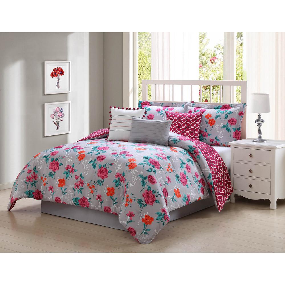 Kimley 7 Piece Pink Orange Teal Grey Queen Comforter Set Ymz007599