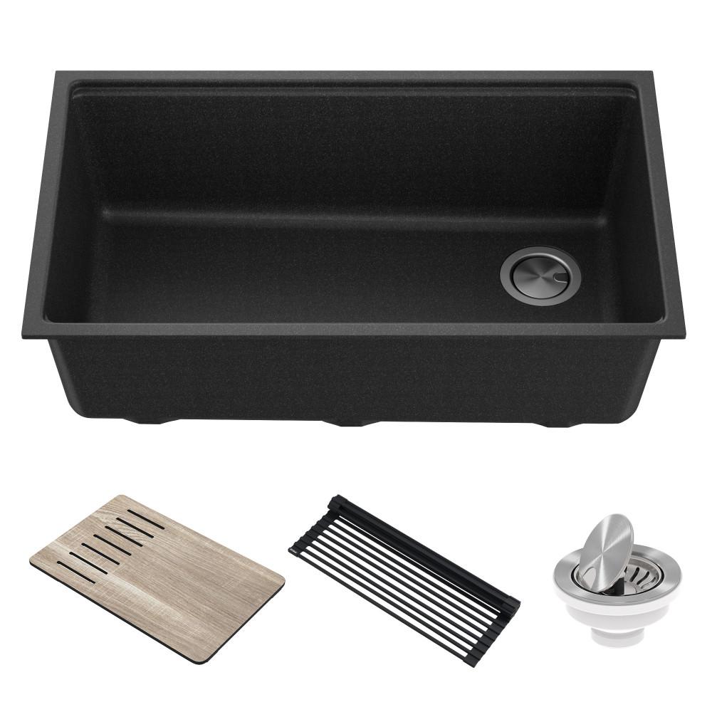 KRAUS Bellucci Black Granite Composite 32 in. Single Bowl Undermount Workstation Kitchen Sink with Accessories, Metallic Black