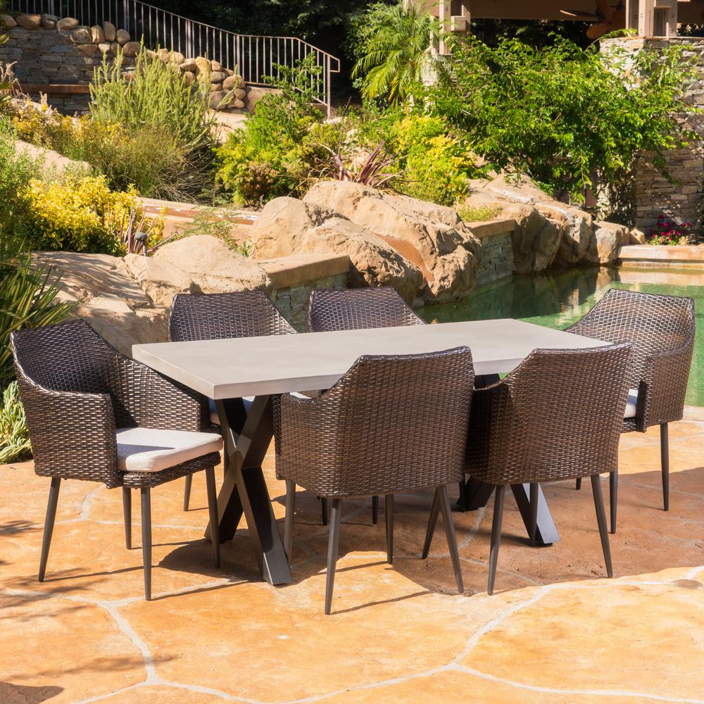 Noble House Macy Multi Brown 7 Piece Wicker Outdoor Dining Set