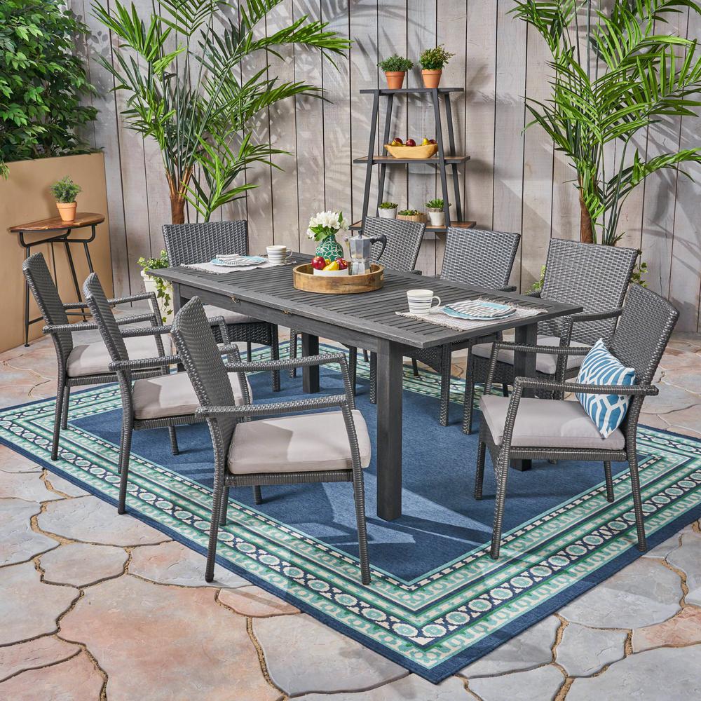 Noble House Davenport Grey 9 Piece Wood And Wicker Outdoor Dining Set With Grey Cushions 53088 The Home Depot